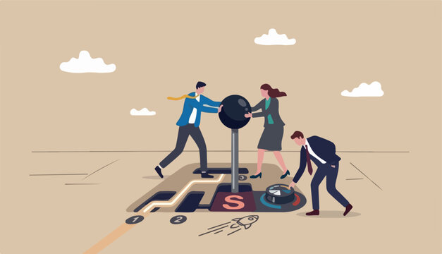Paradigm shift technology new business level, control shifting speed to company growth, transformation and disruption concept, businessman team shifting transmission knob faster new level