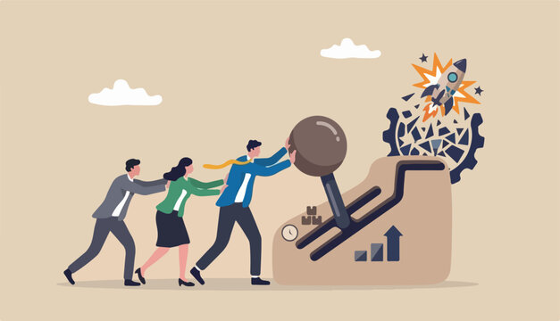Paradigm shift technology new business level, control shifting speed company to growth, transformation and disruption concept, businessman team shifting transmission knob faster new level 