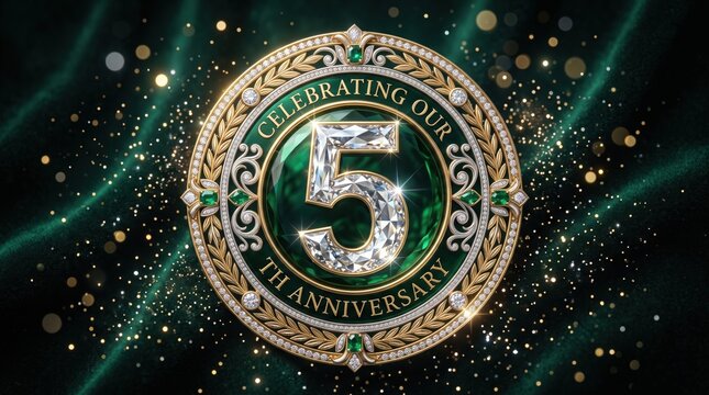 Luxurious 5th anniversary emblem with diamonds and emeralds, elegant gold fifth year celebration badge on green silk background