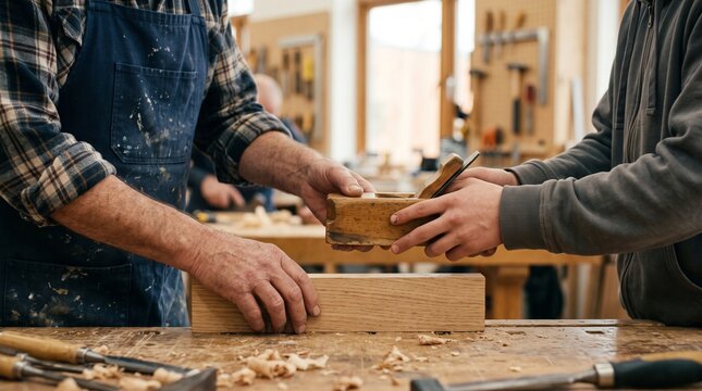 Master carpenter teaching apprentice woodworking skills with a hand plane