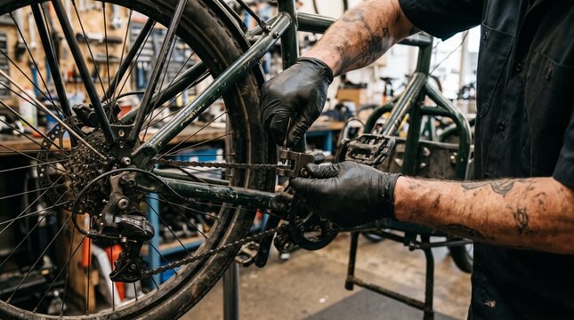 Mechanic repairing bicycle chain with tool wearing black gloves in workshop