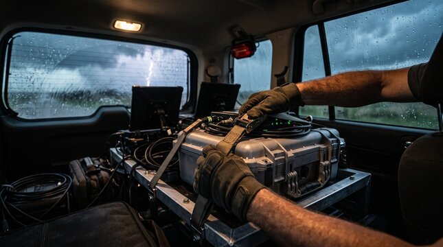 Storm chaser equipment inside vehicle during lightning storm