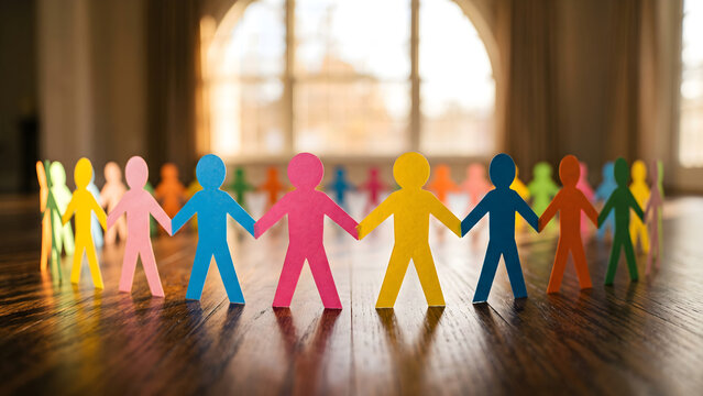 Diverse Group of Colorful Paper People Holding Hands Representing Unity and Community Inclusion