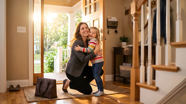 Joyful mother embraces her little girl upon returning home, sunlight filling the welcoming doorway