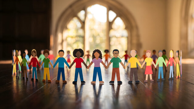 Paper cutout diverse people holding hands in a circle for unity