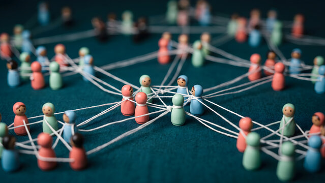 Wooden peg dolls interconnected with strings representing social network and communication