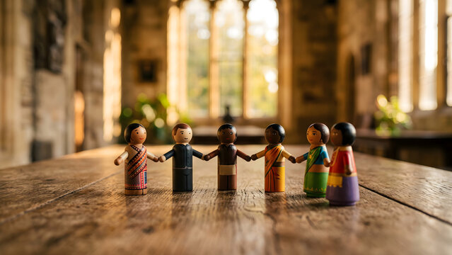 Diverse Wooden Peg Dolls Holding Hands in Unity and Inclusion on Rustic Table