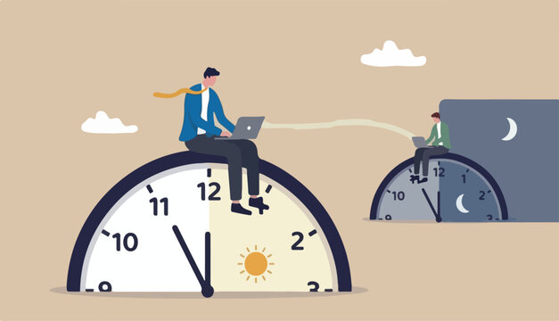 After hours to worker, working late overtime career that work in different time concept, confident businessman using computer laptop sitting on clock working night colleague in other country