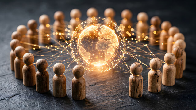 Global business network concept with wooden figures and glowing globe illustration