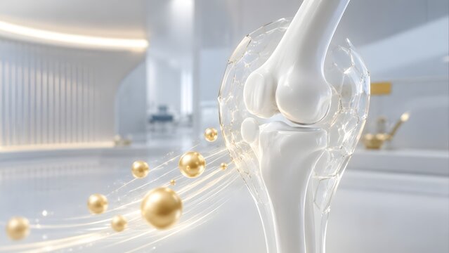 White knee joint model inside transparent glass shield absorbing golden spheres on bright background. Concept of strong orthopedic protection, joint cartilage defense, and advanced bone health supplem