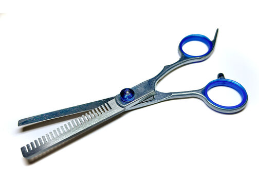 Professional hair thinning scissors vector illustration, stainless steel texturizing shears with teeth, blue finger ring inserts, and adjustable tension screw on a white background, salon graphic desi