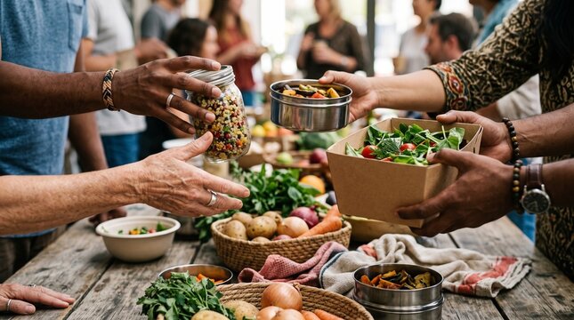People sharing healthy food at a communal table with fresh produce