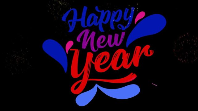 Typography spelling happy new year with colorful letters against a dark background.