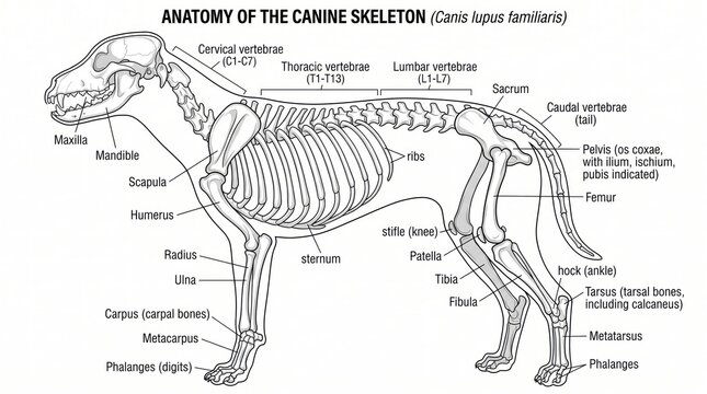 Detailed illustration of canine skeleton anatomy with bone labels for education
