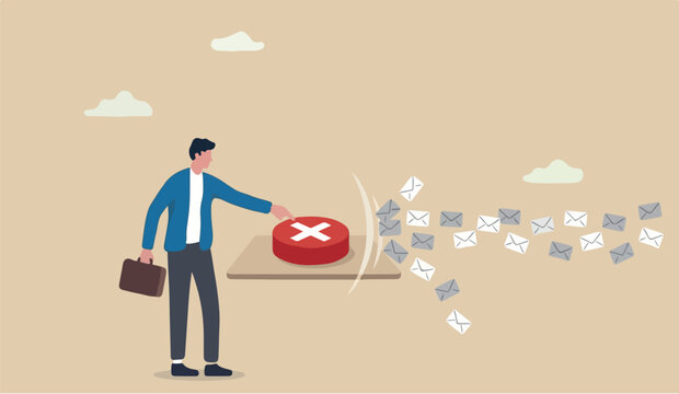 Unsubscribe to for we email to exit mailing list, cancel subscription button, remove leaving marketing email, delete rejection concept, businessman working with computer laptop push unsubscribe button