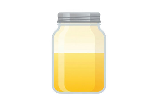 Illustrazione vettoriale di un barattolo di vetro trasparente riempito con miele dorato o liquido giallo, isolato su sfondo bianco, ideale per design culinario, etichette alimentari e grafica web.