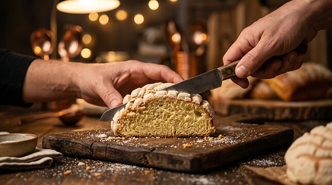 A person cutting a delicious cake in a cozy kitchen atmosphere with warm lighting.