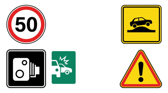 Vector Set of road traffic signs including speed limit camera bump and accident warnings. EPS Editable