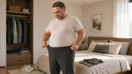 Fototapeta premium Overweight mature man noticing looser trousers during gradual weight loss