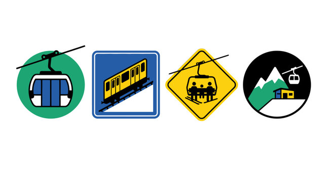 Vector Vector icon set of mountain transport options including aerial ropeway cable car funicular railway ski chairlift and summit station. EPS Editable