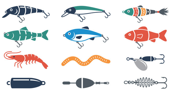 Fishing lures and bait equipment set for tackle sport.