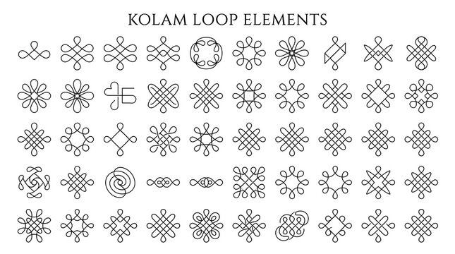 Collection of traditional Indian kolam loop elements, geometric line art patterns, and monochrome mandala motifs