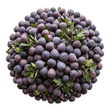 Una composizione circolare di fichi freschi viola maturi disposti ordinatamente su uno sfondo bianco isolato, con foglie verdi naturali che aggiungono un tocco di freschezza e contrasto cromatico