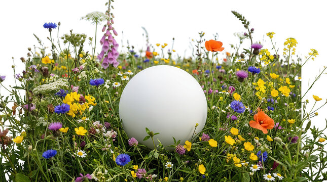 Una sfera bianca liscia posizionata al centro di un prato rigoglioso pieno di fiori di campo colorati, tra cui papaveri rossi, fiordalisi blu e fiori gialli, isolata su uno sfondo bianco puro.