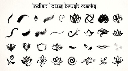 Obraz premium Indian Lotus Brush Strokes and Floral Elements in Monochrome