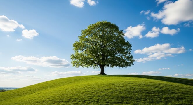 Solitary lush green tree stands tall on a rolling hill under a bright blue sky