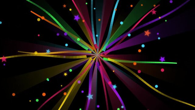 Dynamic explosion of colorful abstract light rays stars and floating particles radiating from a central point on black background