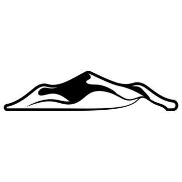 Icona stilizzata di una duna di sabbia o montagna, design grafico minimalista con linee nere fluide su sfondo bianco, ideale per loghi, simboli di viaggio, avventura o concetti di natura astratta.