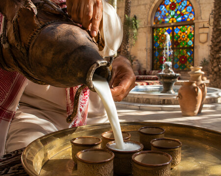 Pouring Camel Milk Beside Glowing Stained Glass Fountain