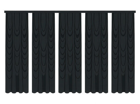 Illustrazione vettoriale di un set di tende nere eleganti e drappeggiate, disposte in cinque pannelli verticali uniformi con pieghe morbide, ideale per design teatrale, scenografia o sfondi