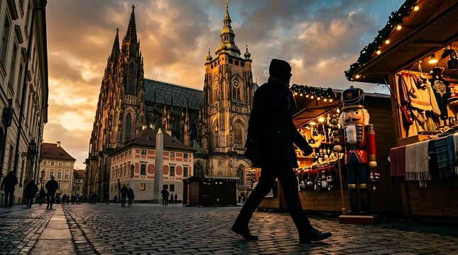 A man walks through a festive European city square at sunset with a large cathedral in the background.