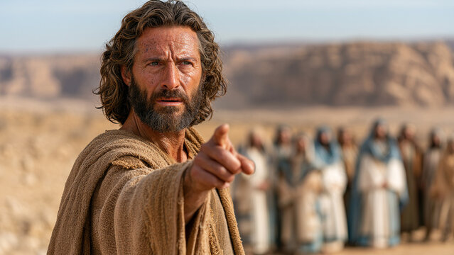 Prophet John the Baptist standing in dusty Judean desert pointing resolutely (John 1:19-23)
