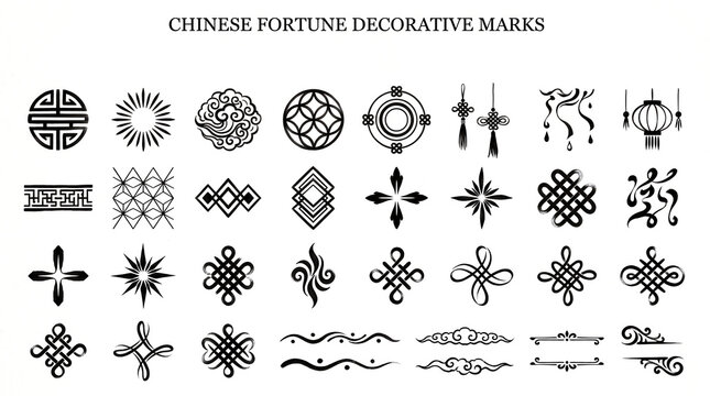 Set of Chinese fortune decorative marks and monochrome ornamental vector elements