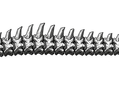 Illustrazione vettoriale di una coda di dinosauro stilizzata con scaglie appuntite e segmentate, rappresentata in bianco e nero su sfondo bianco, ideale per design grafici, loghi o progetti creativi.