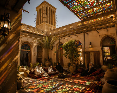 Windcatcher Cooling Courtyard Beneath Colorful Stained Glass Skylight