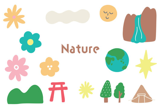 自然　花　地球　手描きのかわいいイラストセット