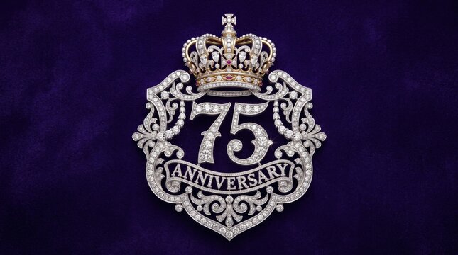 Luxurious 75th anniversary diamond emblem with royal crown, sparkling jewel encrusted number 75 on purple velvet, elegant jubilee celebration logo