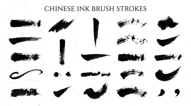 Collection of hand drawn black ink brush strokes, dry paint textures, and oriental calligraphy design elements on white background