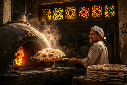 Baker Pulling Fresh Aish Baladi From Oven Beside Stained Glass