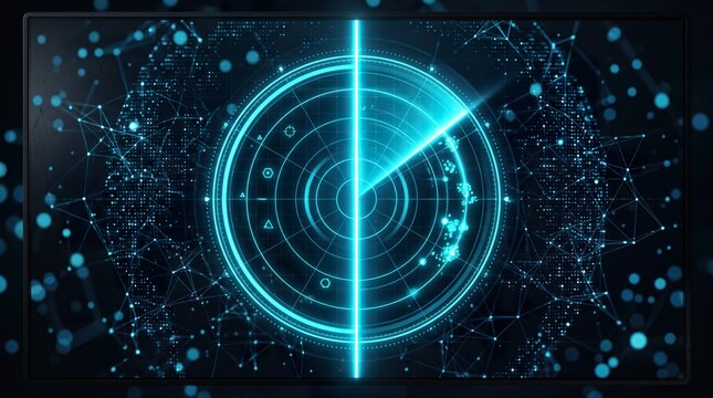 Digital Radar Scanner Target Interface HUD Screen with Neon Blue Glowing Circle and High Tech Navigation Analytics Background Concept