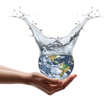 Photorealistic hands hold Earth above clear water as a crown-like splash rises around the globe, symbolizing environmental care, water conservation, humanity, peace, and global survival.