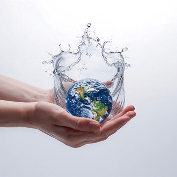 Photorealistic hands hold Earth above clear water as a crown-like splash rises around the globe, symbolizing environmental care, water conservation, humanity, peace, and global survival.