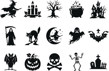 Fototapeta premium Halloween Silhouette Icons Set Vector Spooky Holiday Symbols Collection