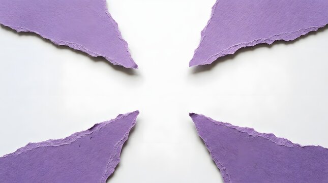Four torn purple paper corners frame the edges of a bright central white background area.