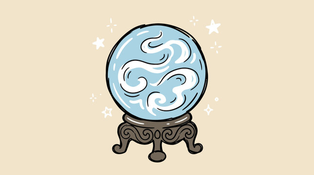 Mystical magic crystal ball vector illustration with swirling smoke and stars on ornate stand