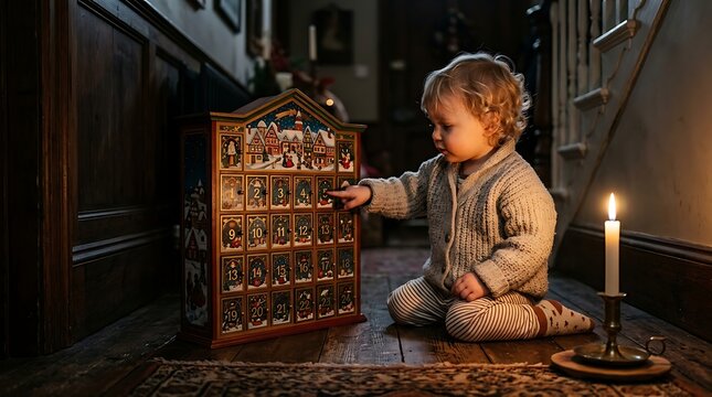 A young child playing with a Christmas advent calendar in a cozy home setting.